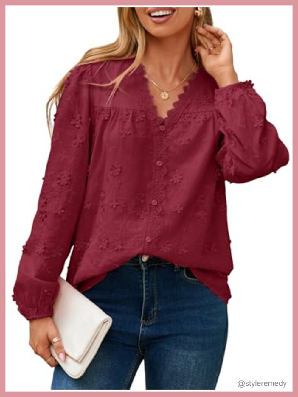 Womens Lace Embroidered Button Down Blouse V Neck Puff Sleeve